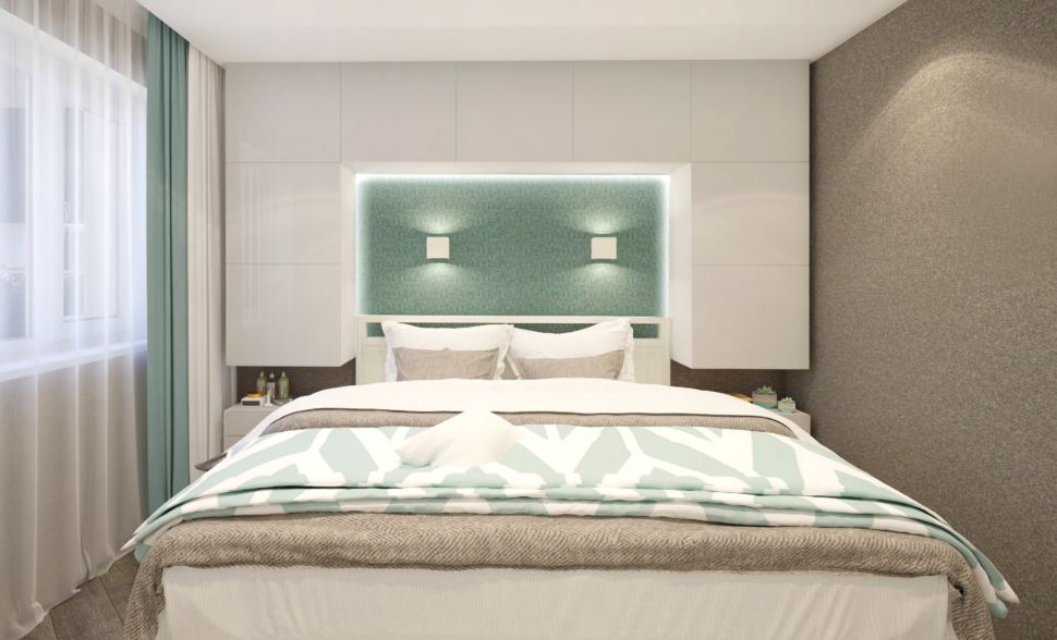 Гостиная - спальня 22 кв.м. в бежевых тонах с бирюзовыми оттенками, портьеры в два цвета, белая кровать, шкаф