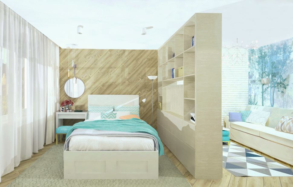 Дизайн комнаты 19 кв.м. в природных тонах с акцентами, стеллаж, кровать, кирпич, пвх плитка