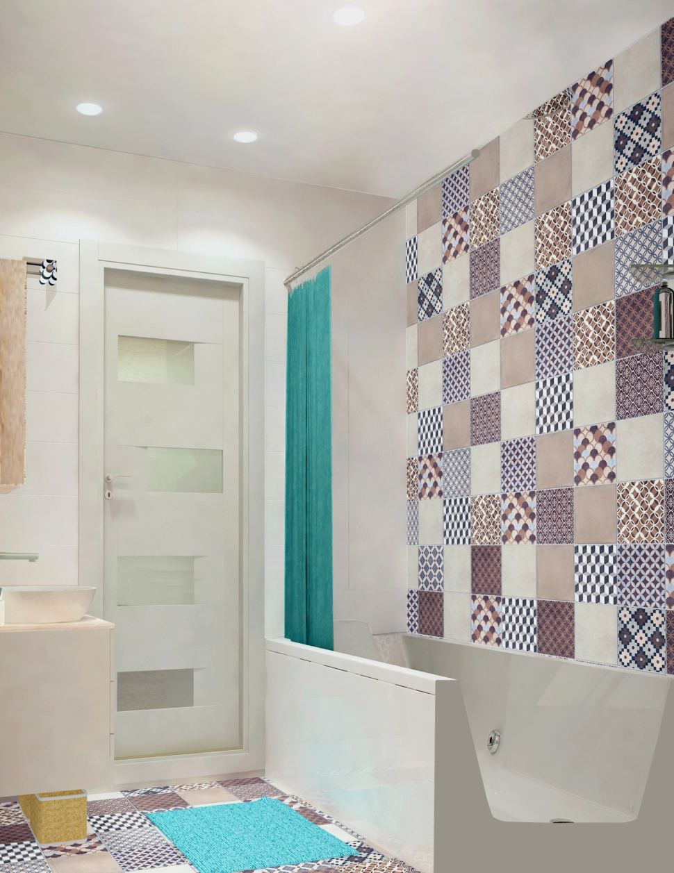 Дизайн ванной комнаты 3 кв.м. в светлых тонах, мойка, зеркальный шкаф, полотенцесушитель, плитка керамическая, орнамент