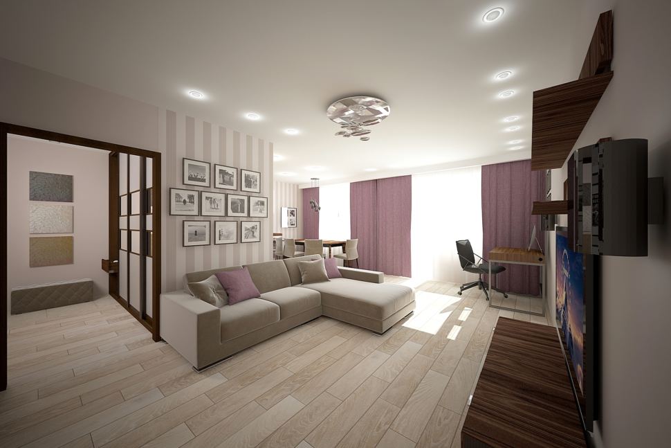 Дизайн гостиной 32 кв.м в бежевых тонах с акцентами, фиолетовые портьеры, бежевый диван, декор, обои, стол, стул