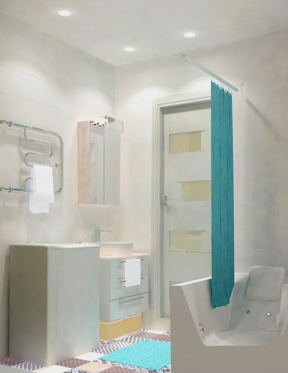 Визуализация ванной комнаты 3 кв.м. в светлых тонах, мойка, зеркальный шкаф, полотенцесушитель, стиральная машина