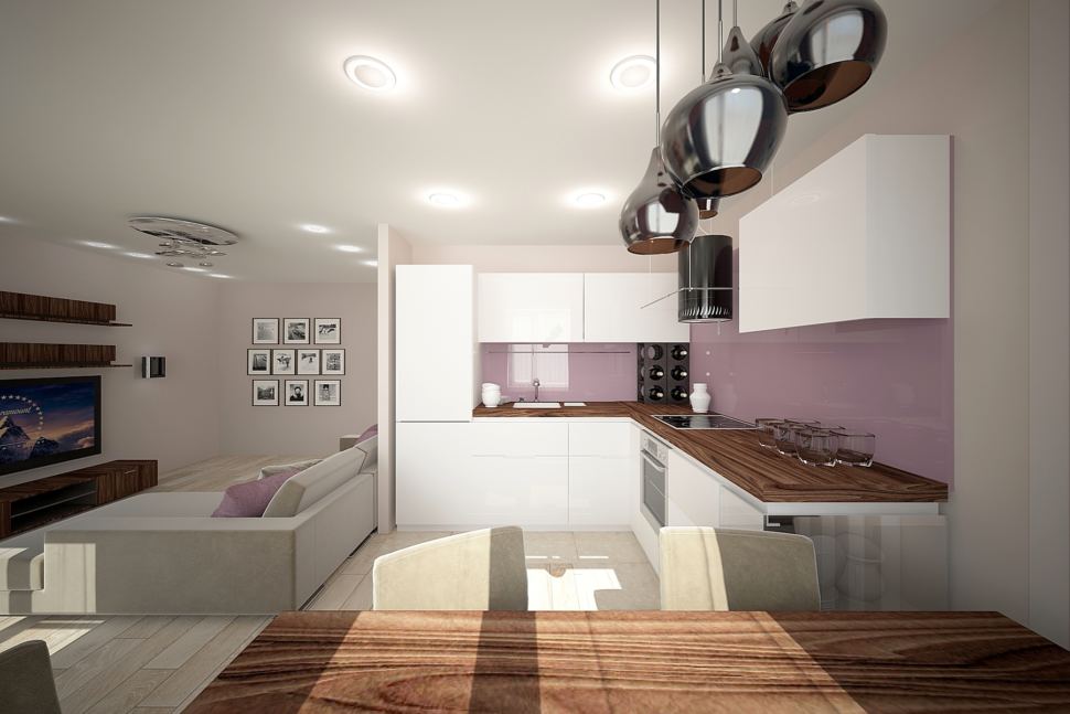 Проект кухни 32 кв.м в бежевых тонах с акцентами, белый кухонный гарнитур, подвесные светильники, холодильник