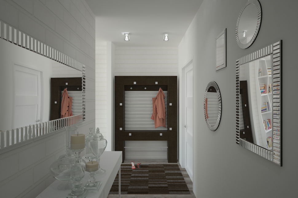 Дизайн-проект коридора 4 кв.м в светлых тонах, зеркало, элементы декора, подвесные светильники, тумба