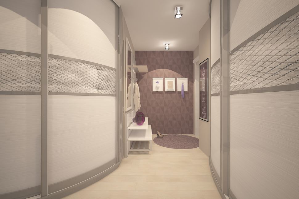 Визуализация коридора 7 кв.м в теплых тонах, шкаф, белая тумба, вешалка, зеркало, светильники