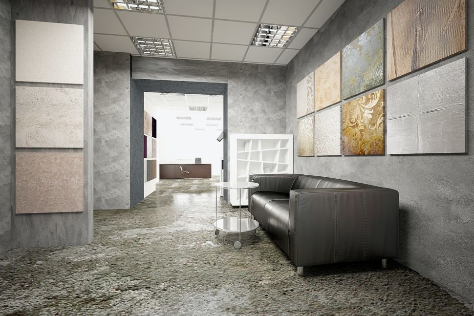 Визуализация помещения 60 кв.м в серых оттенках с акцентами, декоративная штукатурка, стенд, диван, белый стеллаж, столик