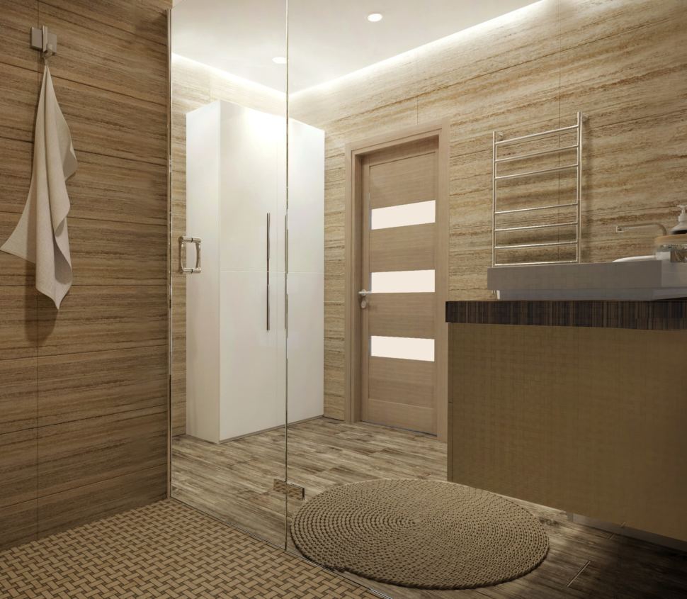 Дизайн ванной комнаты 9 кв. м. в бежевых оттенках, душевая, шкаф белый, полотенцесушитель, тумба под раковину