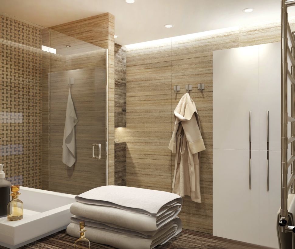 Ванная комната 9 кв. м. в насыщенных бежевых оттенках, шкаф белый, керамическая плитка под песчаник