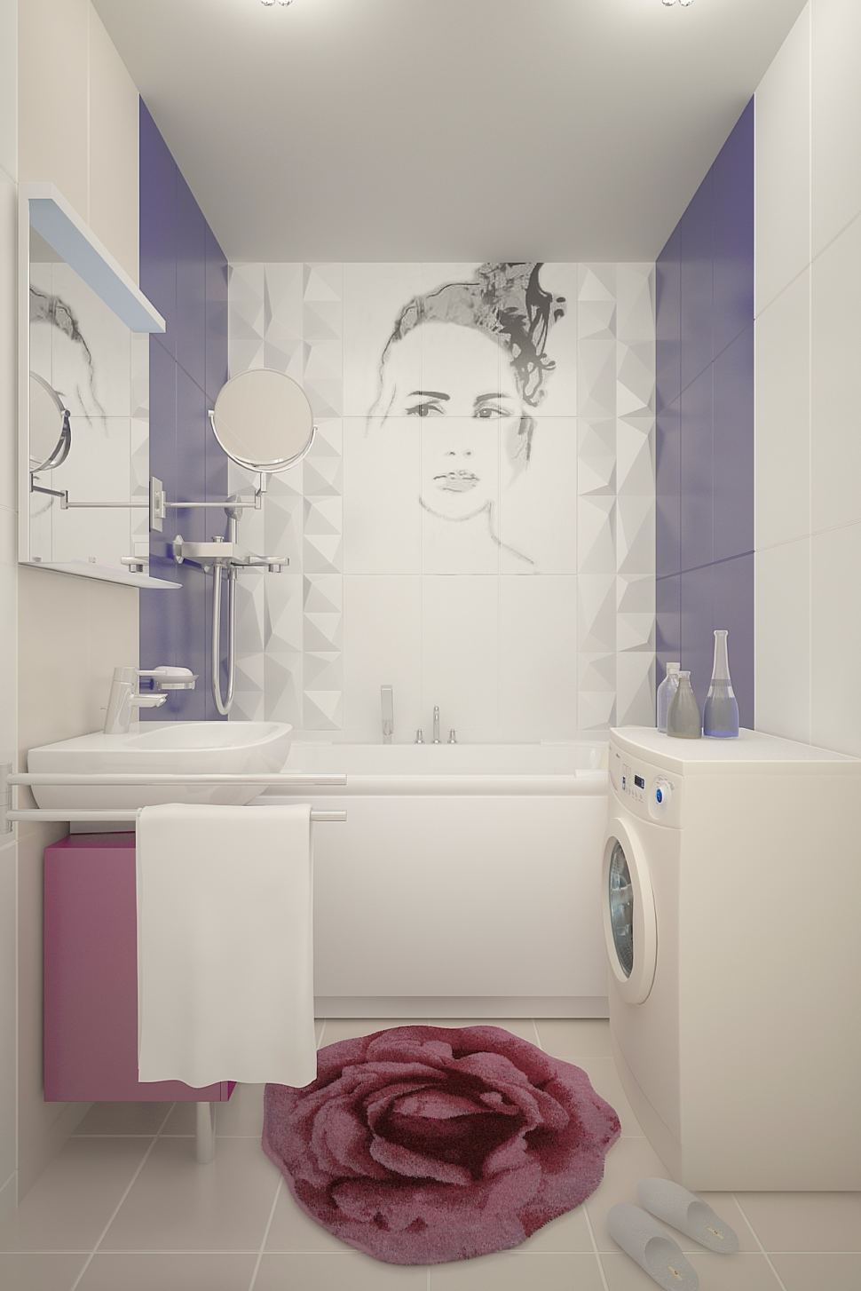 Дизайн ванной комнаты 3 кв.м в бежевых тонах с бледно-синими акцентами , подвесной унитаз, тумба, раковина, стиральная машинка