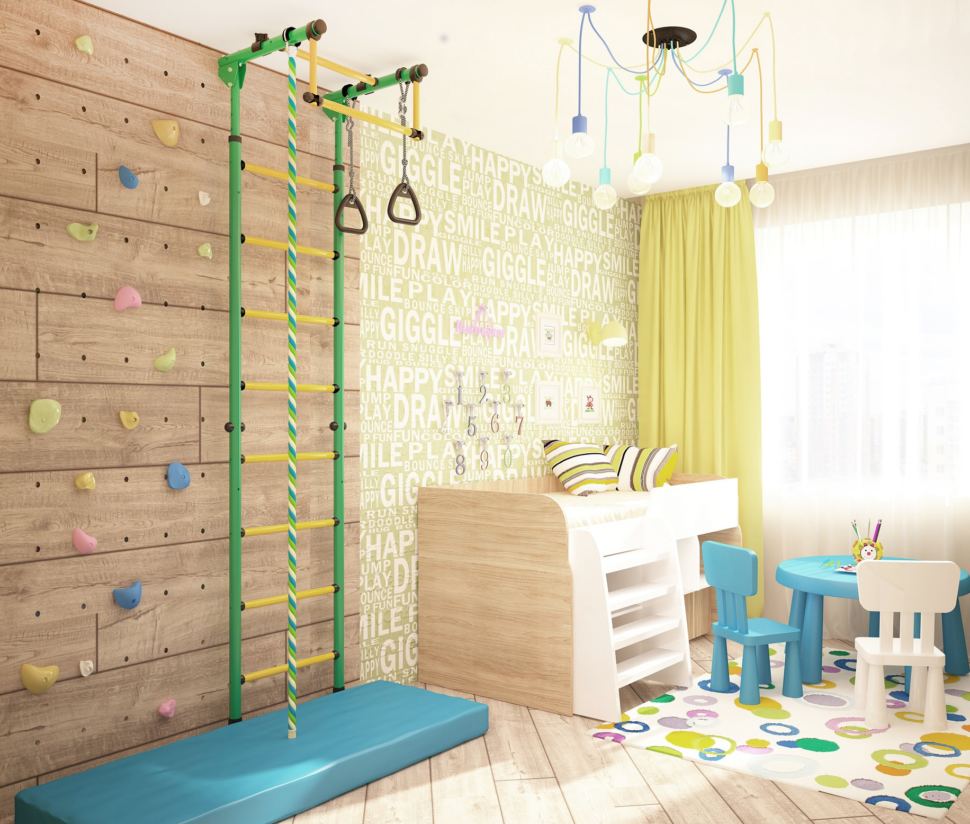 Визуализация детской 14 кв.м, детский стол, бежевая кровать, люстра, система хранения, шведская стенка, светильники