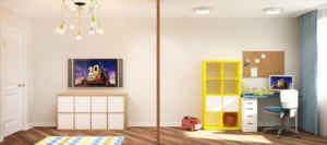 Дизайн-проект детской 18 кв.м в синих тонах, белая тумба под ТВ, телевизор, рабочий стол, стеллаж, кресло