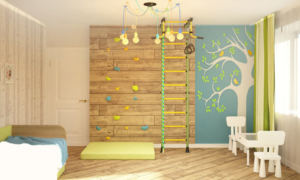Дизайн-проект детской 16 кв.м в сине-зеленых тонах, фотообои, шведская стенка, люстра, паркет, стол, стул
