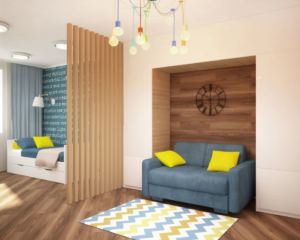 Дизайн детской 18 кв.м в желтых и белых тонах, синий диван, ковер, люстра, пвх плитка