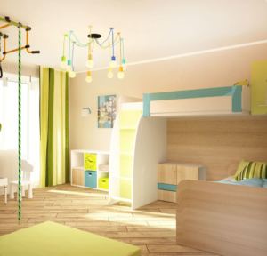 Визуализация детской 16 кв.м в древесных тонах, кровать, стеллаж, люстра, паркет, шведская стенка 