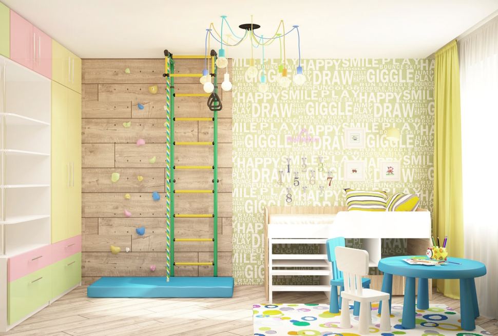 Визуализация детской 14 кв.м, синий стул, бежевая кровать,, система хранения, шведская стенка, светильники