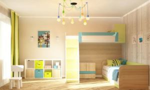 Проект детской 16 кв.м в желтых тонах, двухэтажная кровать, белый стеллаж, стол, стул, люстра 