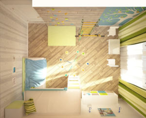 Дизайн-проект детской 16 кв.м в сине-зеленых тонах, кровать, стеллаж, стол, стул, шведская стенка