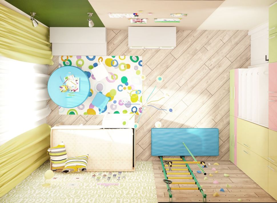 Дизайн-проект детской 14 кв.м, синий детский стол, кровать, шкаф, шведская стенка, светильники