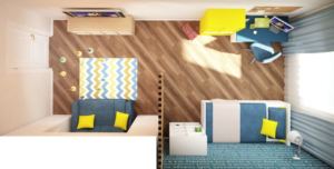 Визуализация детской 18 кв.м в синих и желтых тонах, кровать, диван, телевизор, стеллаж, тумба, стол