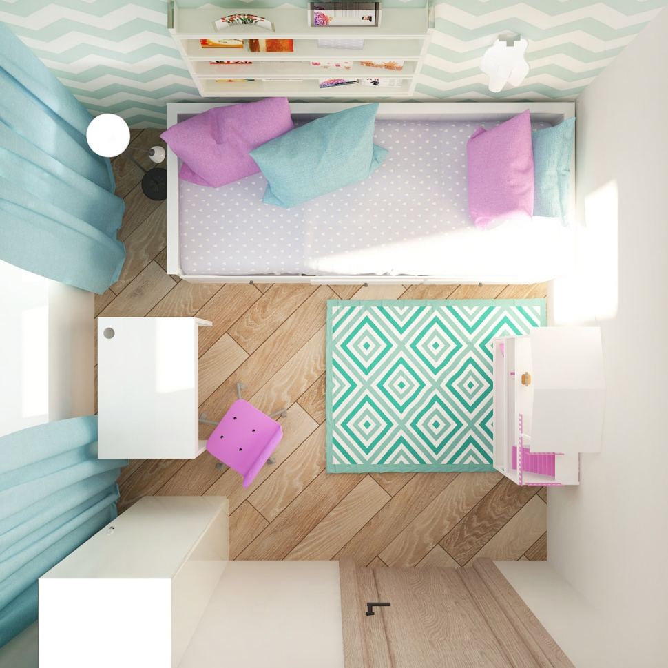 Проект спальни девочки 7 кв.м в нежных оттенках, обои, розовые акценты, текстиль, портьеры голубого цвета, пвх плитка