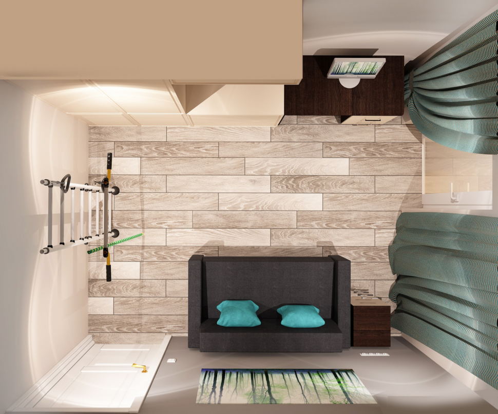 Визуализация гостевой 11 кв.м в нейтральных оттенках, серый диван, шведская стенка, рабочий стол, система хранения