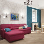 Визуализация гостиной 21 кв.м в нежных оттенках с синими акцентами, бордовый диван, зеркало, стол, торшер, декор, обои