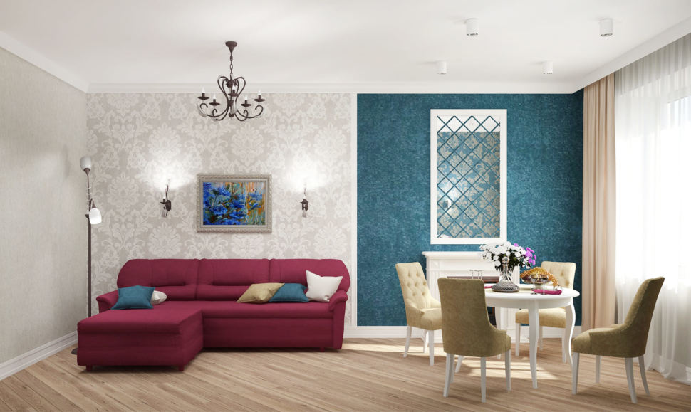 Дизайн-проект гостиной 21 кв.м в нежных оттенках с синими акцентами, бордовый диван, зеркало, обеденная группа, декор, обои,