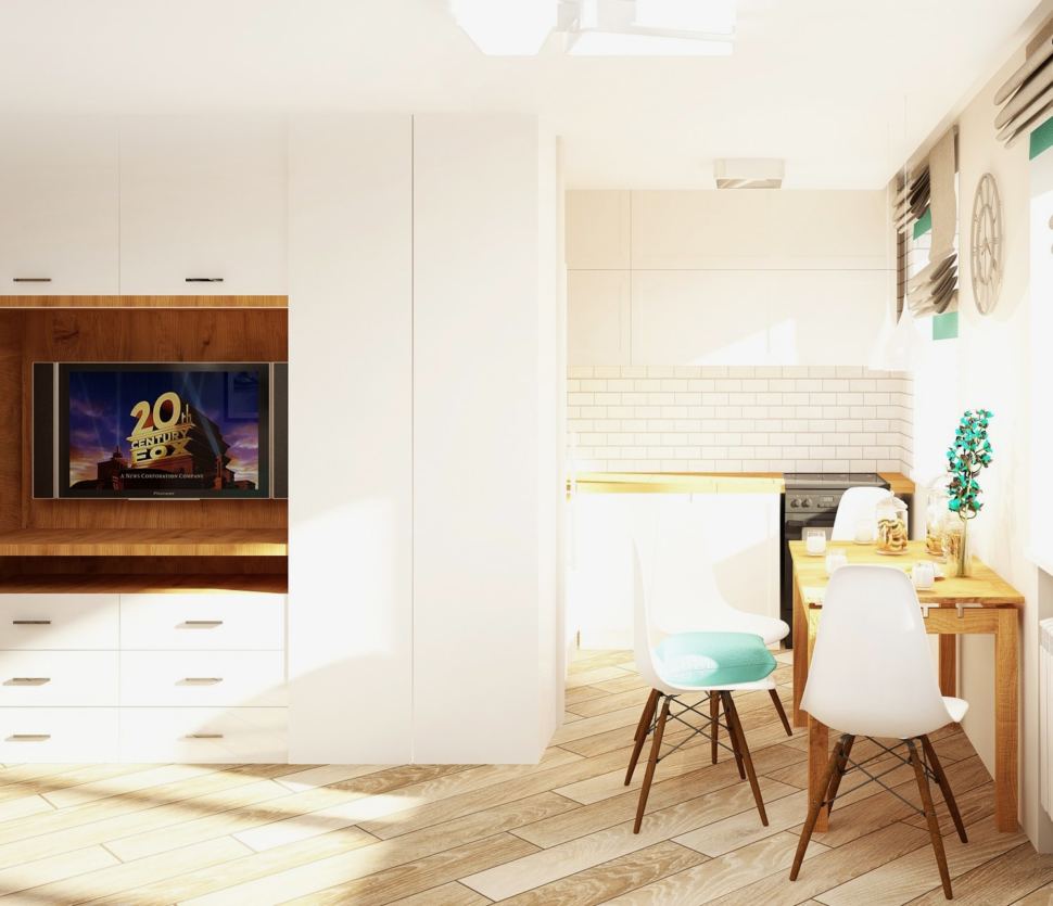 Дизайн-проект кухни-гостиной 23 кв.м в бежевых тонах с бирюзовыми акцентами, белый кухонный гарнитур, стол, стулья, белый шкаф