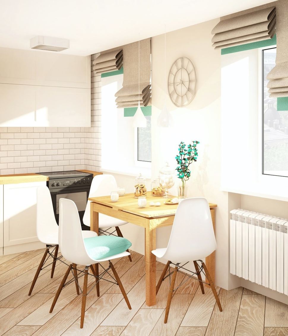 Дизайн-проект кухни-гостиной 23 кв.м в бежевых тонах с бирюзовыми акцентами, обеденный стол, стулья, кухонный гарнитур, декор