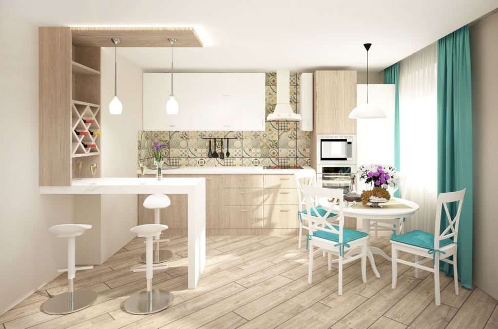 Визуализация кухни-гостиной 20 кв.м в бирюзовых и белых тонах, белый кухонный гарнитур, обеденный стол