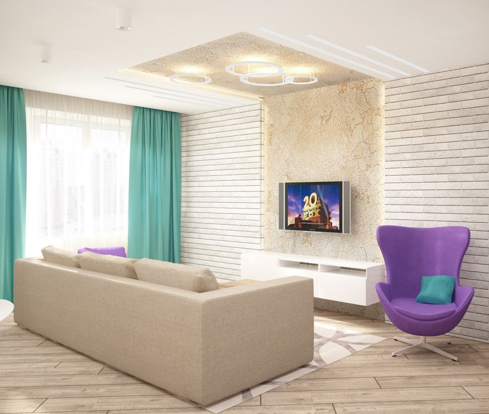 Дизайн-проект гостиной 20 кв.м в лавандовых и белых тонах, камин, белая полка под ТВ, бежевый диван