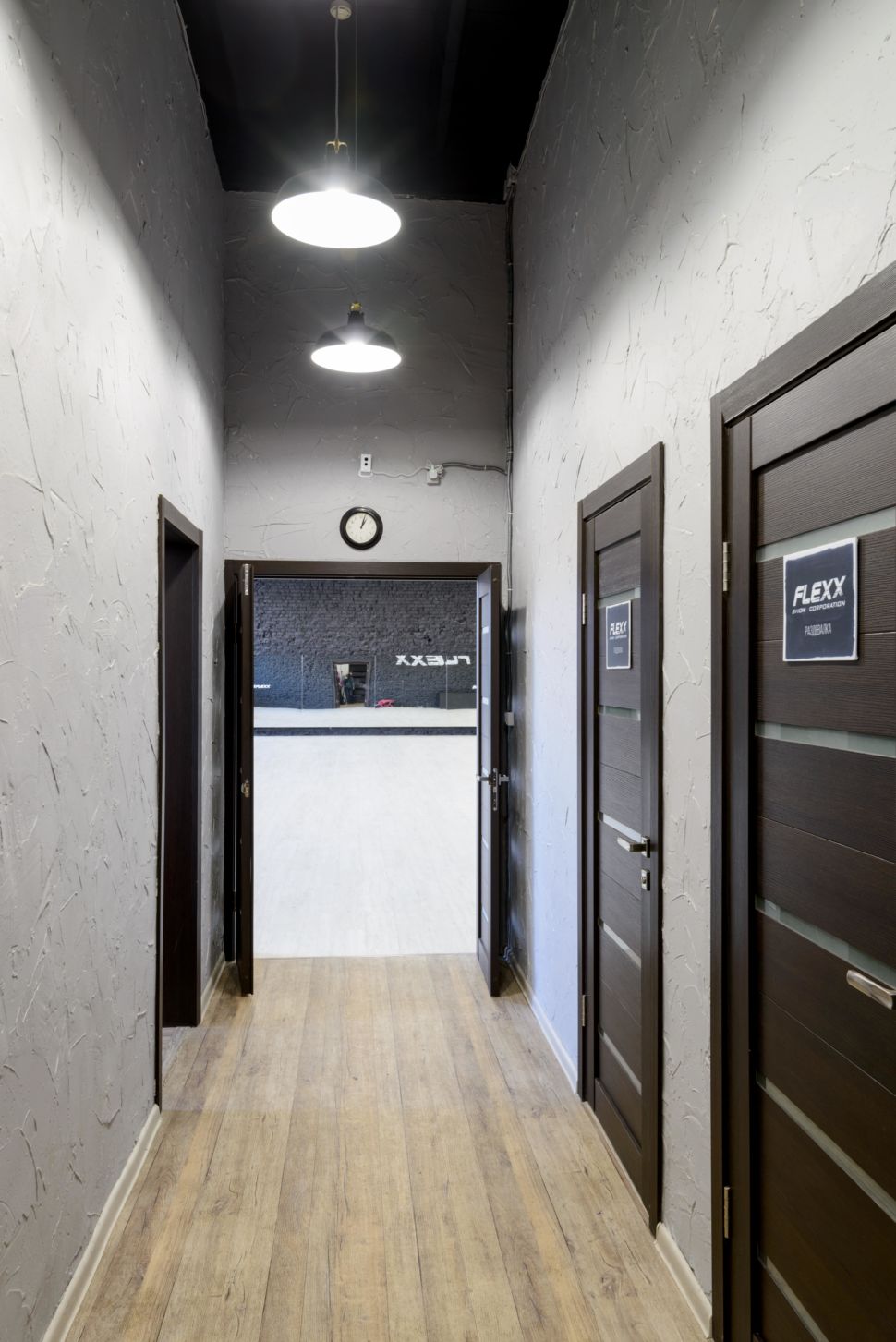 Фотография интерьера коридора 9 кв.м в стиле лофт, серые оттенки, темные межкомнатные двери, светильники