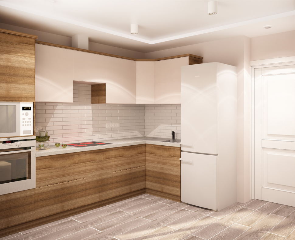 Дизайн-проект кухни 9 кв.м в светлых тонах с яркими акцентами, белый кухонный гарнитур, холодильник, накладные светильники, духовой шкаф