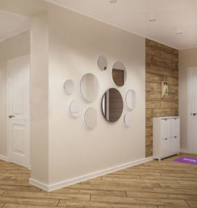 Дизайн-проект прихожей-коридора 14 кв.м в древесных тонах, белые накладные светильники, пвх плитка, галошница