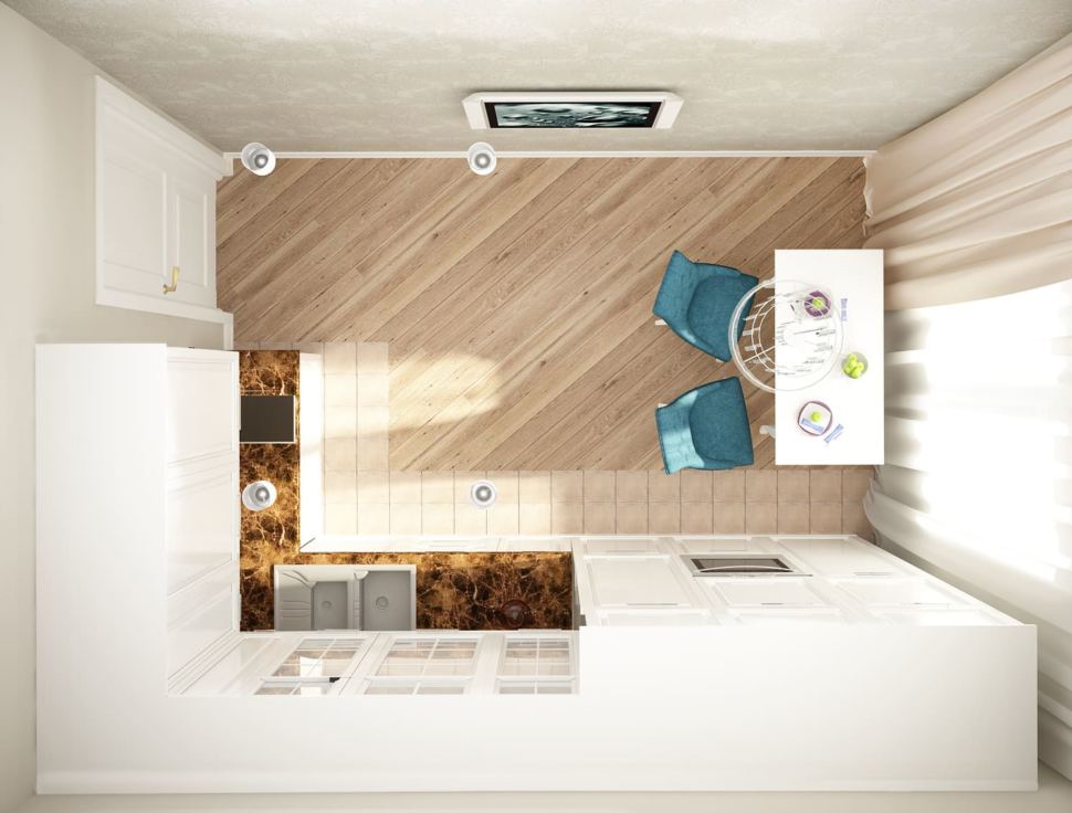 Визуализация кухни 12 кв.м в песочных оттенках с акцентными текстурами, белый кухонный гарнитур, столешница под мрамор, стол, стулья
