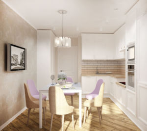 Визуализация кухни 14 кв.м в бежевых и лавандовых тонах, стол, стулья, кухонный гарнитур, подвесной светильник, пвх плитка