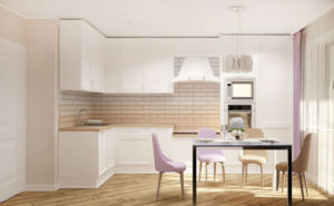 Интерьер кухни 14 кв.м в белых тонах, белый кухонный гарнитур, обеденный стол, стулья, светильники