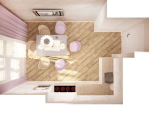 Визуализация кухни 14 кв.м в древесных тонах, белый кухонный гарнитур, телевизор, стол, стулья