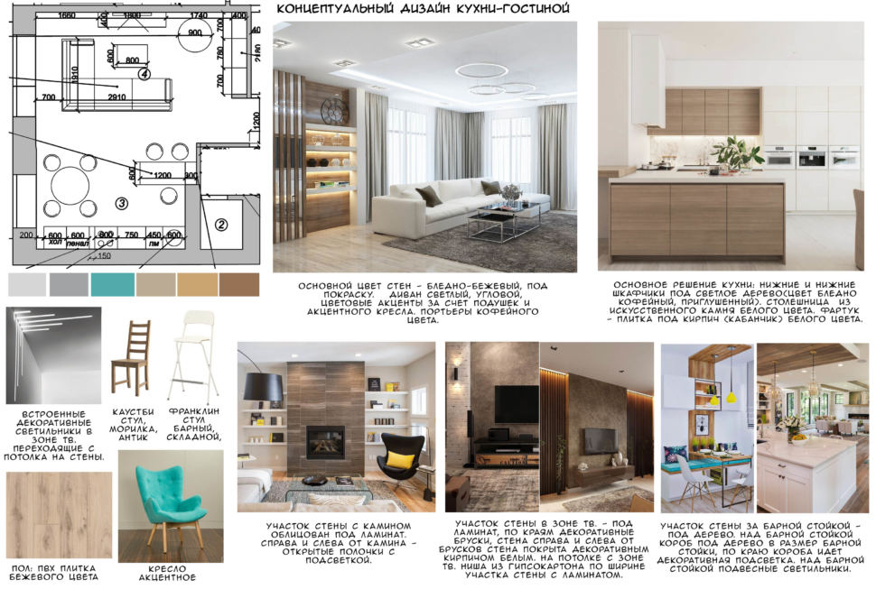Концептуальный дизайн кухни-гостиной 20 кв.м, бирюзовое кресло, плитка бежевого цвета, белый кухонный гарнитур, декоративные светильники