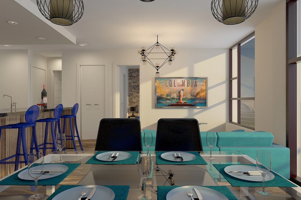 Интерьер кухни 34 кв.м в светлых тонах с акцентными текстурам, обеденный стол, стулья, люстра, посуда