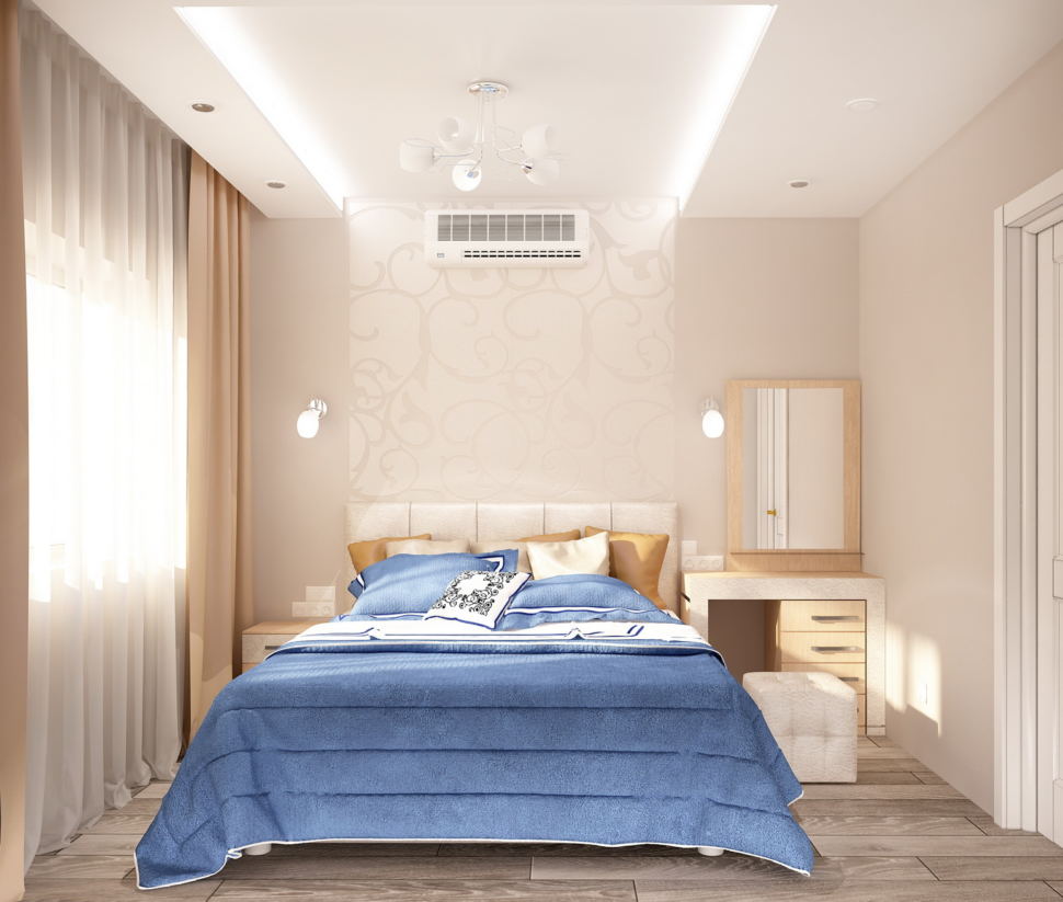 Визуализация спальни 11 кв.м в бежевых тонах с синими акцентами, кровать, белая кровать, туалетный столик, пуф, светильники, портьеры