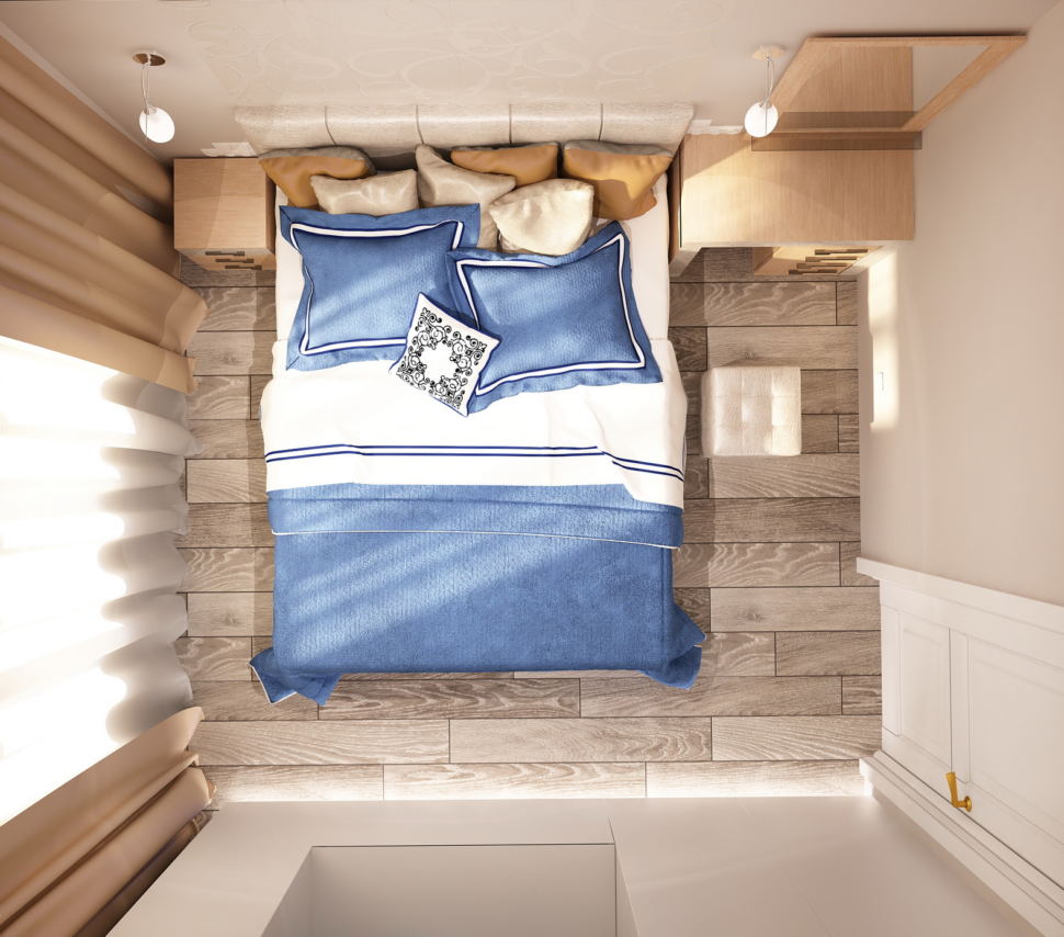 Дизайн-интерьера спальни 11 кв.м в бежевых тонах с синими акцентами, туалетный столик, тумба, кровать, бра