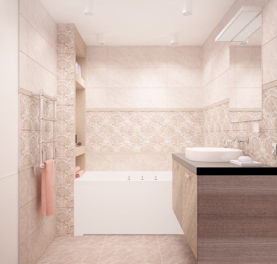 Визуализация ванной комнаты 6 кв.м в бежевых оттенках, ванна, керамическая плитка, тумба под дерево, зеркало, раковина