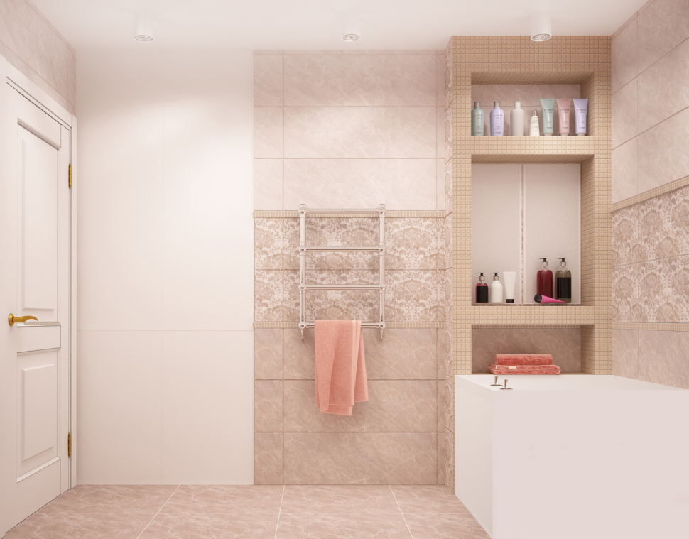 Дизайн-проект ванной комнаты 6 кв.м в бежевых оттенках, керамическая плитка, полочки - ниши, белый шкаф, ванна, белые потолочные светильники