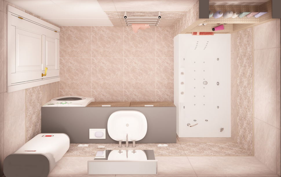 Визуализация ванной комнаты 6 кв.м в бежевых оттенках, керамическая плитка, мрамор, бойлер, стиральная машина, тумба, раковина, ванна