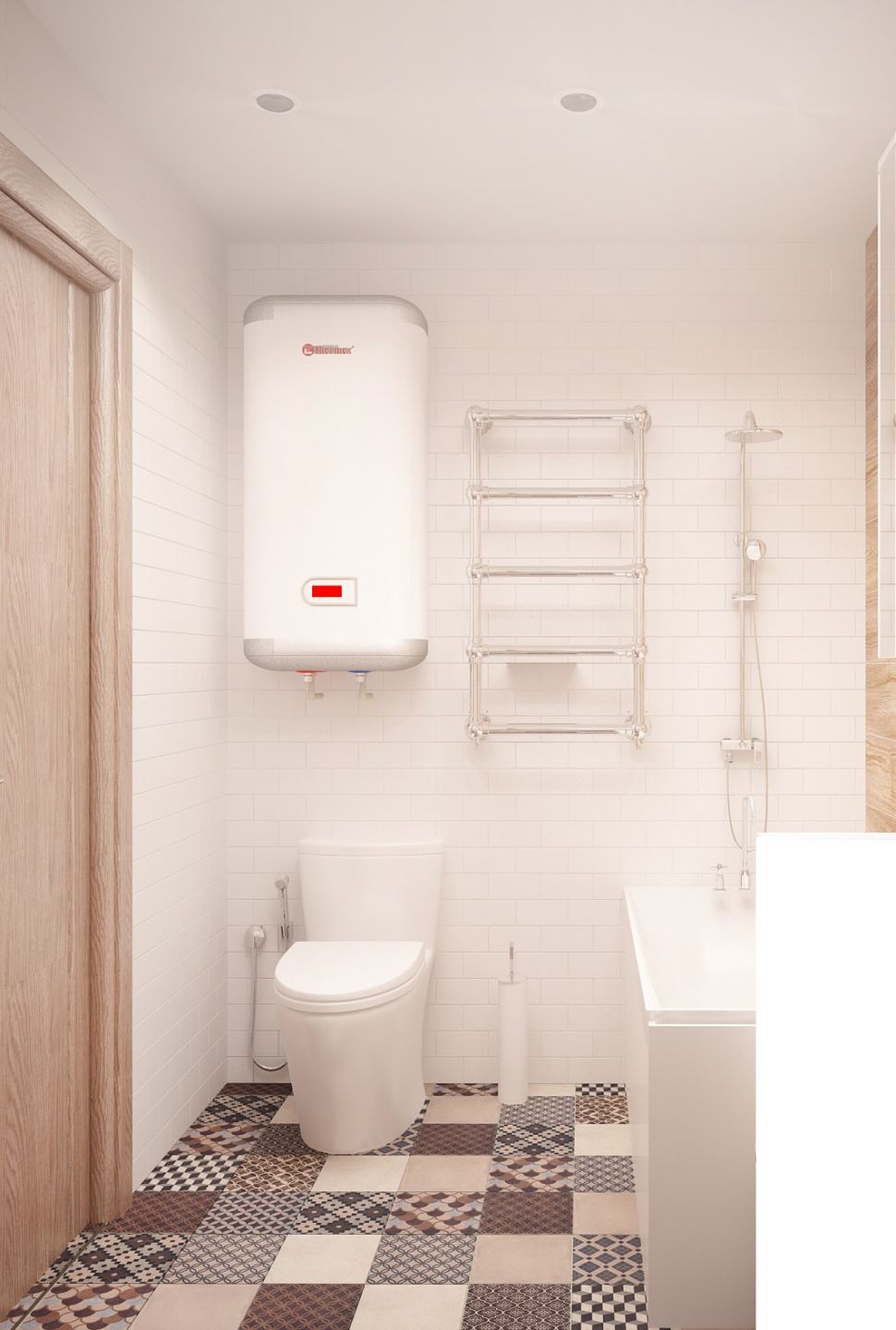 Дизайн-проект ванной комнаты 3 кв.м в бежевых оттенках, керамическая плитка, орнамент, полотенцесушитель, смеситель, стиральная машина, бойлер
