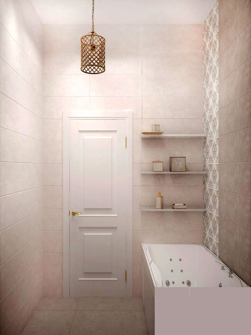Дизайн-проект ванной комнаты 3 кв.м в теплых тонах, ванна, бежевая плитка, люстра, открытые полки