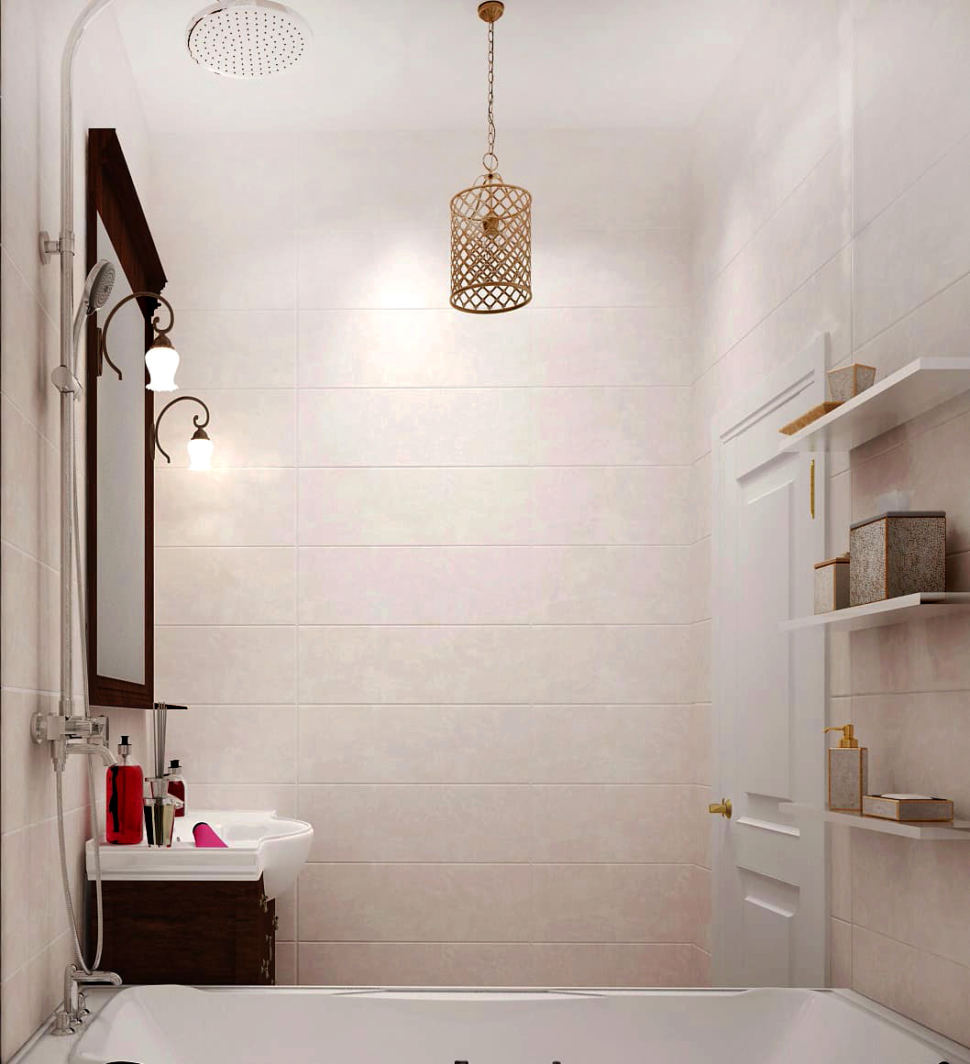 Визуализация ванной комнаты 3 кв.м в теплых тонах, ванна, зеркало, подвесная тумба, белые полки