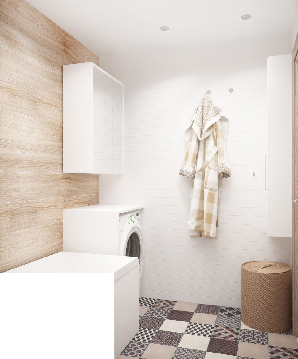 Визуализация ванной комнаты 3 кв.м с светлых тонах, ванна, стиральная машинка, подвесная полка, плитка