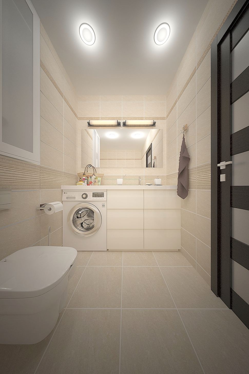 Проект ванной комнаты 3 кв.м в бежевых тонах, белый шкаф, стиральная машина, тумба, мойка, зеркало, межкомнатная дверь