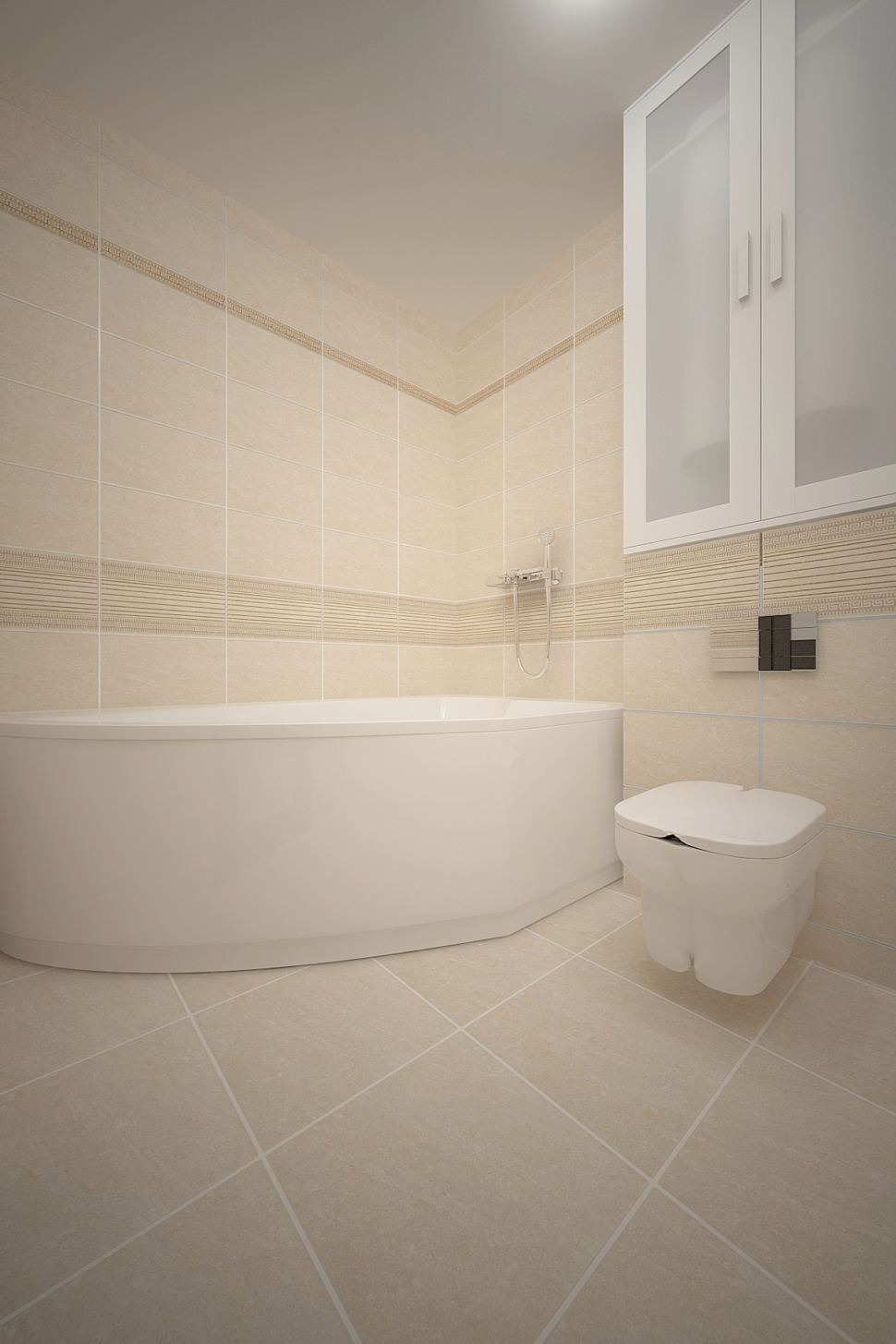 Дизайн-проект ванной комнаты 3 кв.м в бежевых тонах, белый шкаф, унитаз, ванна, бежевая керамическая плитка